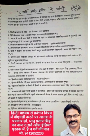 The Survey of India, an organization of the Government of India, ranked Dr. Bhanu Pratap Singh ninth in India for research through Hindi in the subject of management.